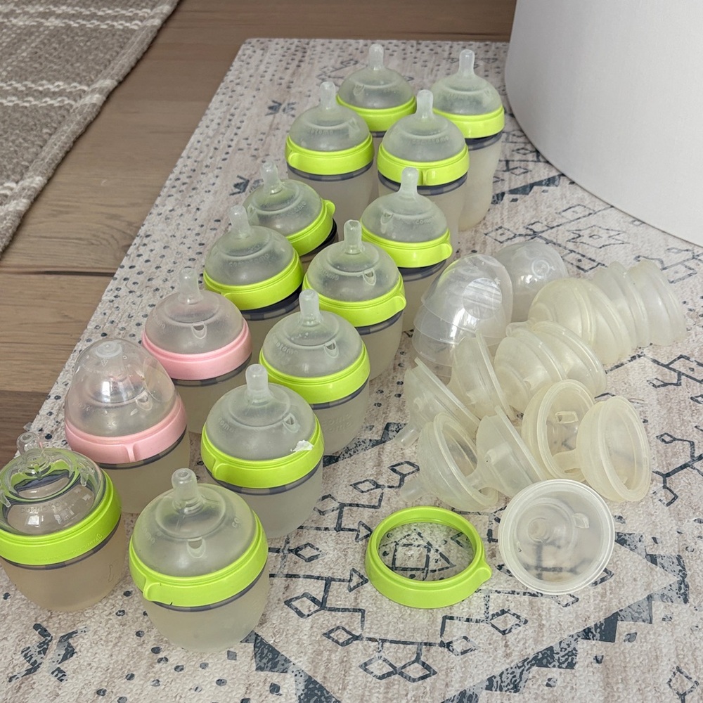 Silicone Baby Bottle Set with Green and Pink Rings